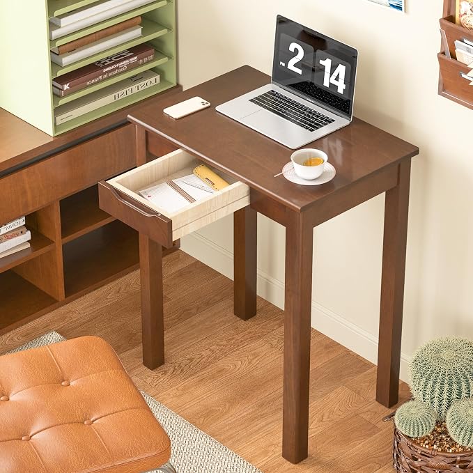 Solid Wooden Desk with Drawers - 24 x 16 Inch Vintage Narrow Desks, Mid Century Modern Desks, Rubber Wood Study Table, Small Writing Desk for Bedroom|Small Spaces - Walnut Color