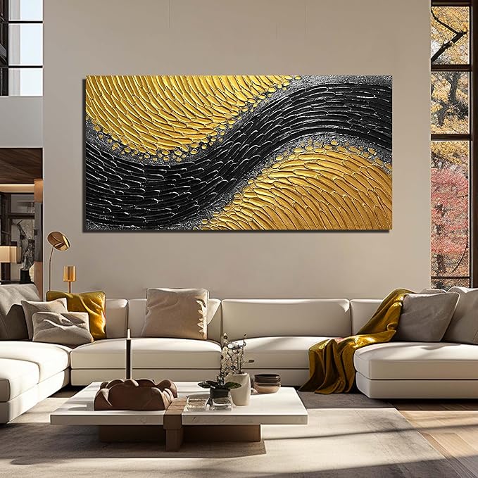 Black and Gold Abstract Painting Wall Decor for Living Room Modern 3D Hand Painted Wall Art for Office Extra Large Wall Art Bedroom Size 36 x 72 Inch