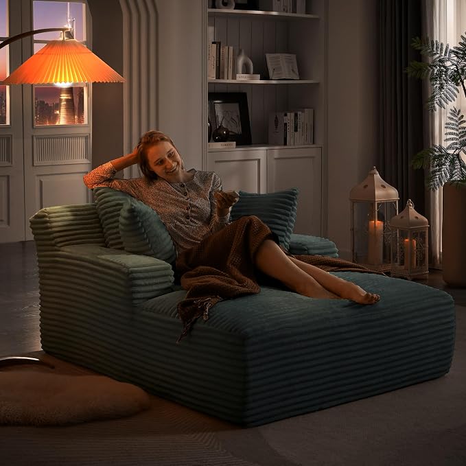 50" Chaise Lounge Chair Indoor, Oversized Corduroy Lazy Sofa Bed Sleeper Chair with 3 Pillows & Spring Cushion, Boneless Couches for Living Room Apartment, Dark Grey