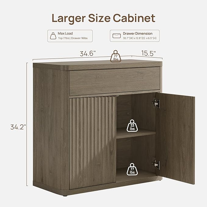 SICOTAS Buffet Cabinet with Storage - Accent Fluted Storage Cabinet with 2 Doors & 1 Drawer 34.6" Wide Modern Sideboard Credenza Large Buffet Table for Living Room Kitchen Dining Room Entryway Office