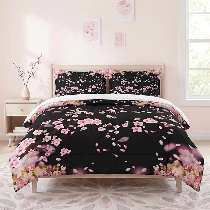 WeCozy Queen Size Comforter Set with 2 Pillowcases, Spring Pink Tree Cherry Soft 3 Pcs Bedding for Kids and Adults Bedroom Bed Decor