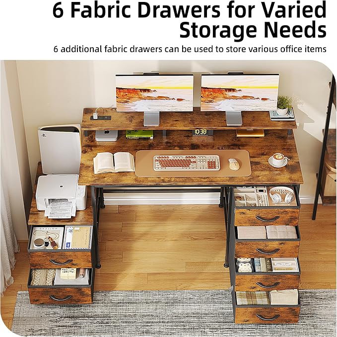 52 Inch Office Desk with 6 Drawers and Printer Space for Storage, Reversible Computer Desk with Monitor Stand & Power Outlets, Home Office Desks, Vintage