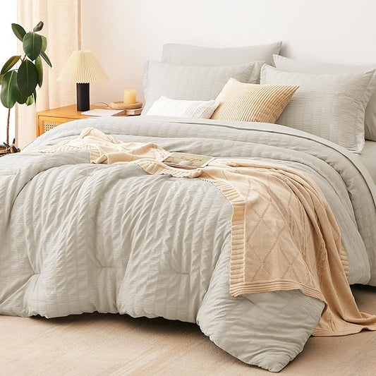 CozyLux California King Comforter Set with Sheets 7 Pieces Oatmeal Seersucker Bed in a Bag, Cal King All Season Bedding Set with Down Alternative Comforter, Sheets, Pillowcases & Shams, Home Gift