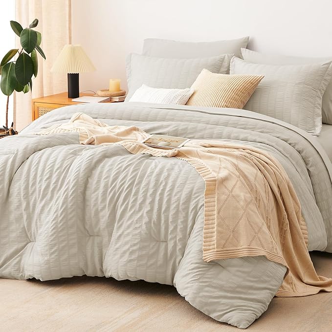 CozyLux Queen Comforter Set Oatmeal, 7 Pieces Seersucker Textured Luxury Bed in a Bag Queen, All Seasons Soft Bedding Sets with Down Alternative Comforter, Sheets, Pillowcases & Shams, Home Gift