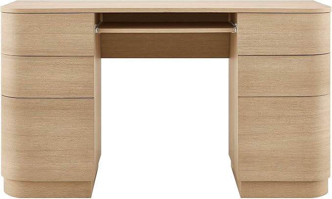 Modway Mirae 55 Inch Computer Desk with Drawers in Brushed Light Oak – Modern Compact Office Desk with Keyboard Tray, Curved Edges, and 6 Storage Drawers for Bedroom, Dorm Room, or Vanity Setup