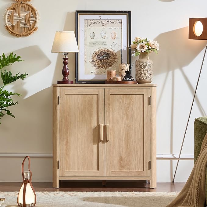 Joaxswe Sideboard Buffet Cabinet with Storage Set of 2, 31.5" Arc-Shaped Credenza with 2 Doors & Adjustable Shelves, Mid Century Coffee Bar Cabinet for Kitchen, Living Room, Natural