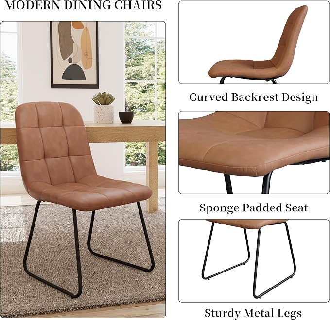 HIPIHOM 45.3 Inch Round Dining Table Set for 4, Mid Century Modern Small Coffee Set for Dining Room Kitchen Apartment (Dark Walnut Table + 4 U-Shaped Brown Chairs)