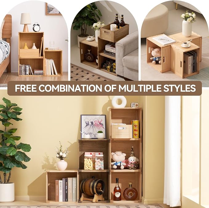 KIRIGEN Stackable Wood Storage Cube, Modular Open Cubby Bin with Handles for Books, Toys, Clothes, Closet, Bedroom, Pantry, and Home Office, Assembly Required, 14.17 x 14.17 x 10.31 Inch, F26-DBR
