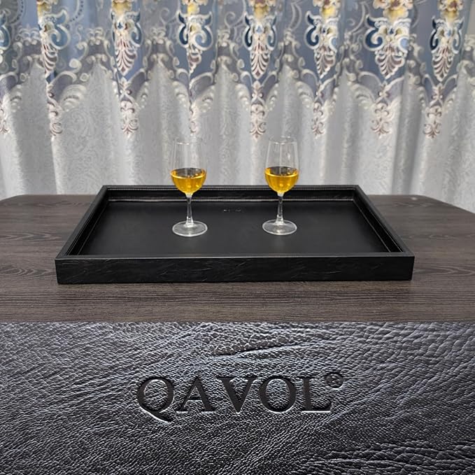 25 x 15 inches High-End Light Luxury Leather Rectangle Oversized Service Tray for Ottoman Tray, Coffee, Food, Family Dinner, Picnic, Party Essentials (Black, 25 x 15 inch)