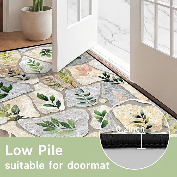 4'x6' Optical Illusion Rug 3D Stone Floor Mat Green Leaf Botanical Area Rug Rustic Nature Washable Carpet for Bedroom Living Room Kitchen Nursery Playroom Home Decor