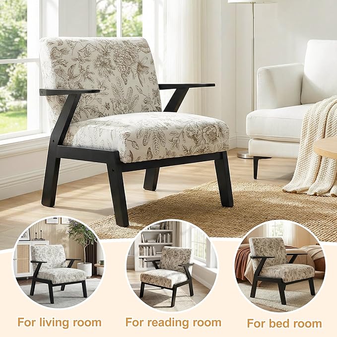 Floral Accent Chair, Mid Century Modern Chairs, Upholstered Armchair with Solid Rubber Wood Living Chair, Ergonomic Chair for Living Room, Bedroom, Reading Room