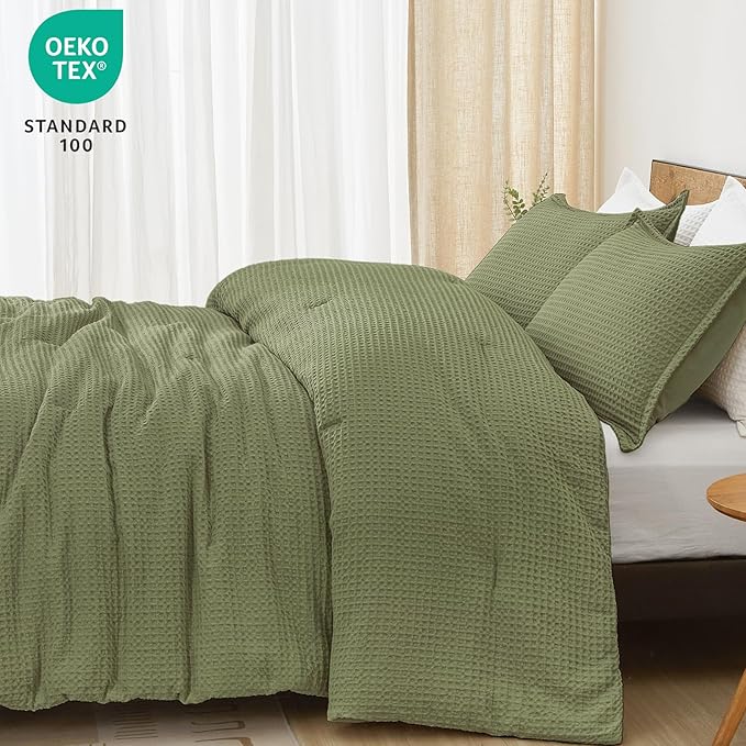 PHF Ultra Soft Waffle Weave Comforter Set Queen Size, 3 Pieces Lightweight Breathable Comfy Bedding Set, Comfy Textured 1 Comforter with 2 Pillow Shams, Olive Green