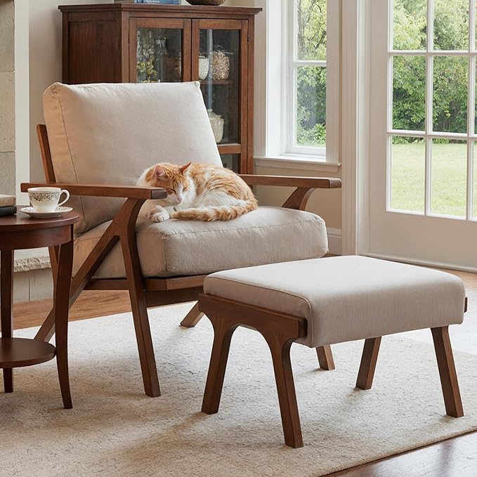 HNY Mid Century Modern Accent Chair with Ottoman, Farmhouse Linen Upholstered Living Room Armchair and Ottoman Set, 23" Seat Wide Retro Leisure Lounge Chair with Wood Frame for Home, Bedroom, Beige