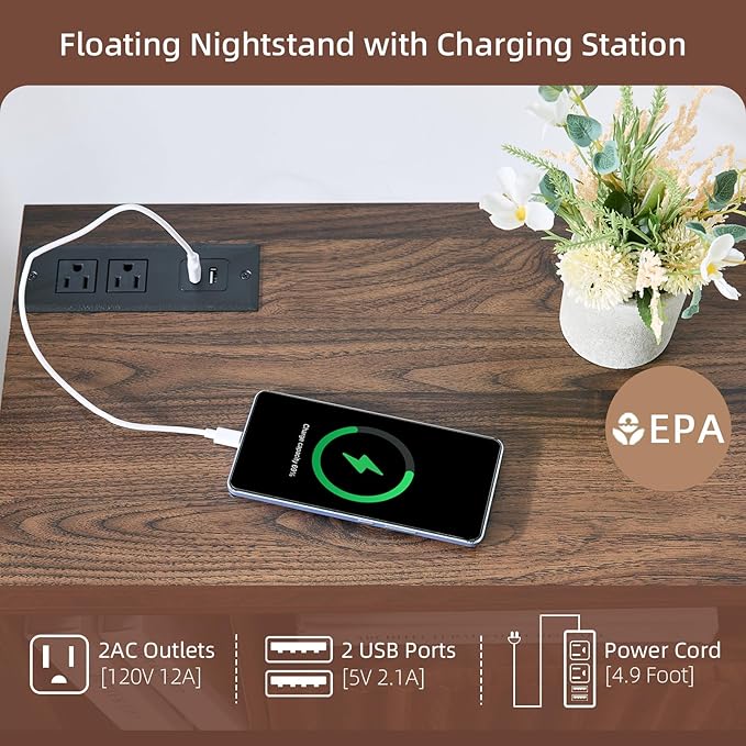 Floating Nightstand with Charging Station, Walnut Fluted Wall Mounted NightStand with Drawers, Bedside with USB Ports and Outlets, Bedroom Furniture (Set of 2)