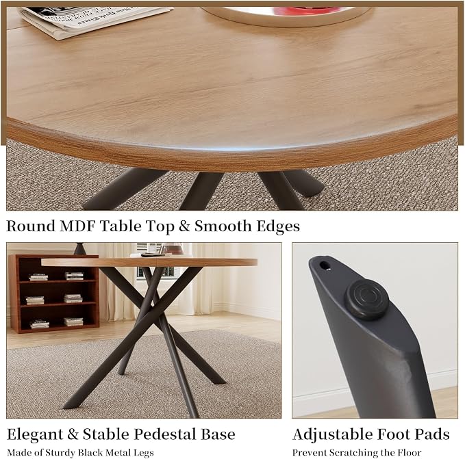 HIPIHOM 45.3 Inch Round Dining Table Set for 4, Mid Century Modern Small Kitchen Coffee Set for Dining Room Kitchen Apartment (Oak Table + 4 U-Shaped White Chairs)