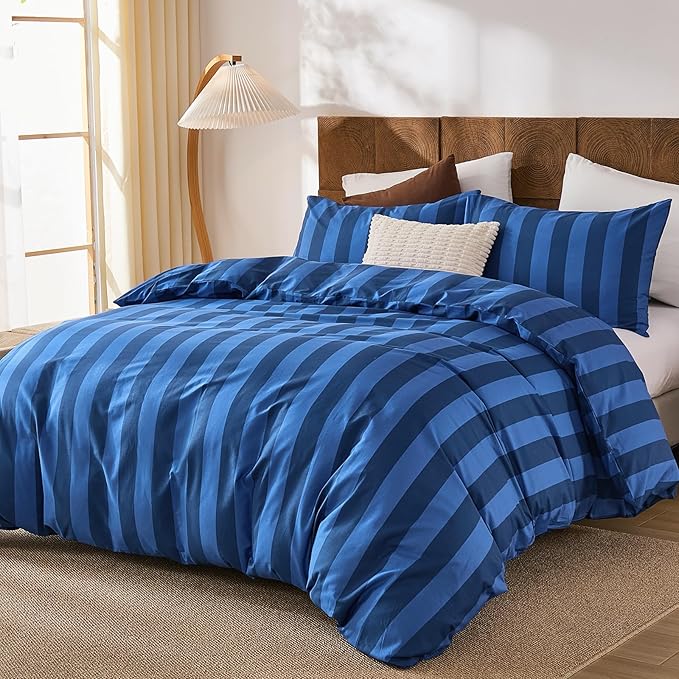 Merryword Blue Striped Duvet Cover Set King Size, 100% Natural Cotton Linen Like Duvet Cover Set with Zipper Closure & 8 Corner Ties, Dark Blue Soft Reversible Bedding for All Seasons
