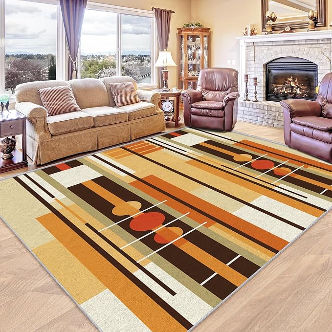 Contemporary Geometric Rug 5x7, Washable Retro Stripe Rugs for Living Room Bedroom, Mid Century Modern Area Rug for Home Decor, Non Slip Backing Floor Carpet with Gripper - 5 x 7 ft