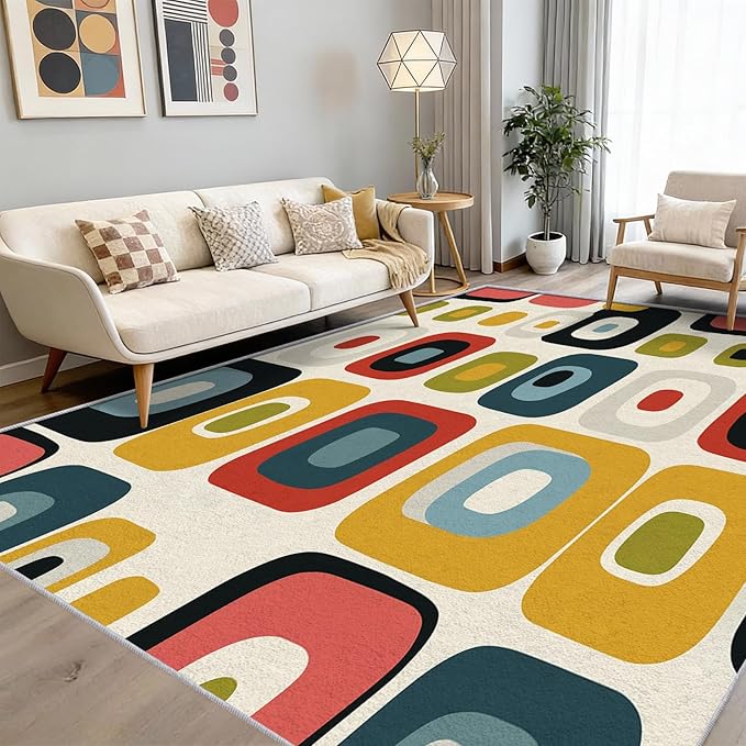Mid-Century Modern Rug 6x9 Geometric Retro 60s 70s Pattern Area Rugs for Living Room, Bedroom, Mid-Century Modern Home Decor Accessories Indoor Carpet, Non Slip & Machine Washable, GD0650
