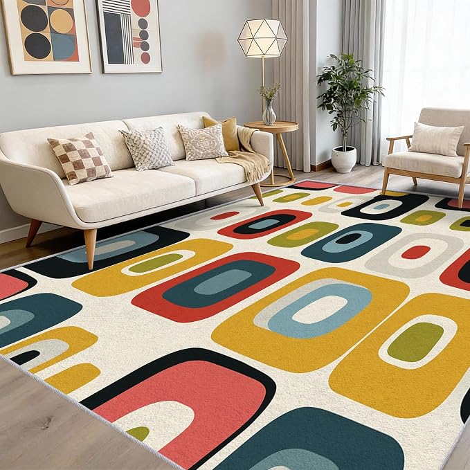 Mid-Century Modern Rug 4x6 Geometric Retro 60s 70s Pattern Area Rugs for Living Room, Bedroom, Mid-Century Modern Home Decor Accessories Indoor Carpet, Non Slip & Machine Washable, GD0646