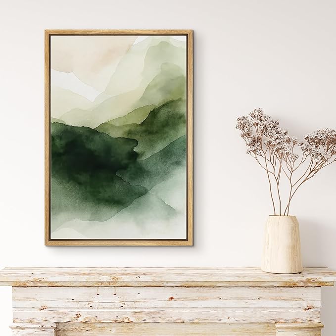 MUDECOR Framed Canvas Print Wall Art Abstract Landscape Wall Art Green Mountain Watercolor Illustrations Fine Art Mid-Century Modern Multicolor for Living Room, Bedroom, Office - 24"x36" NATURAL