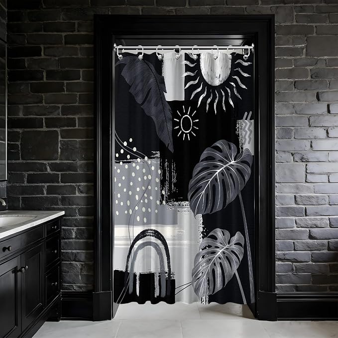 Small Stall Narrow Shower Curtain Black and Gray Stand Up Dark Black and Grey Abstract Shower Curtains for Rv Camper Bathroom Decor Sets, Waterproof Cloth Fabric with Hooks, 48 x 72 Inch