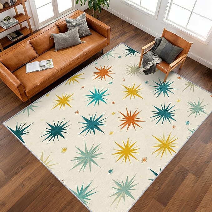 Mid Century Modern Rugs for Living Room Decor, 7x9 ft, Retro Starburst Atomic Area Rugs for Bedroom, Soft Non Slip Washable Geometric Sunburst Carpet Home Decorations D-g48