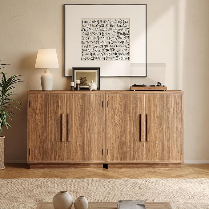 Wood Set of 2 Sideboard Cabinet, 63'' Sideboard Buffet with Adjustable Shelf, Modular Credenza Accent Storage Console Cabinet with Magnetic Doors for Entryway, Living Room, Kitchen, Walnut