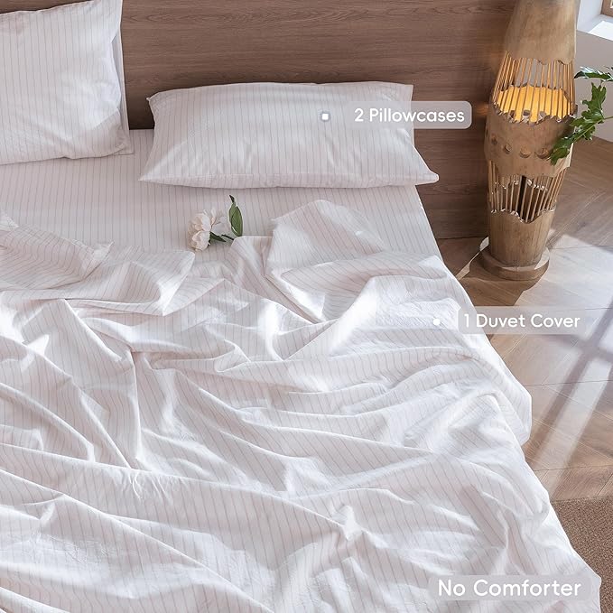 MooMee Striped Duvet Cover Set 100% Washed Cotton Linen Like Textured Breathable Durable Soft Comfy (White Heathered Greyish Pink Wide Stripes, King 104"x90")