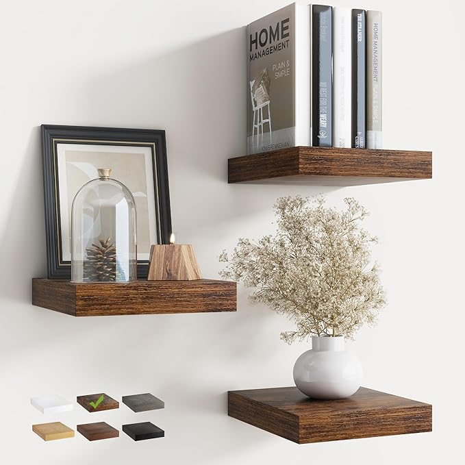 Floating Shelves for Wall with Invisible Brackets, Wall Mounted Engineered Wood Shelves with Wood Grain for Living Room, Bedroom, Bathroom, Kitchen Decor and Storage, Oak, 8"L Set of 3, Rustic Brown