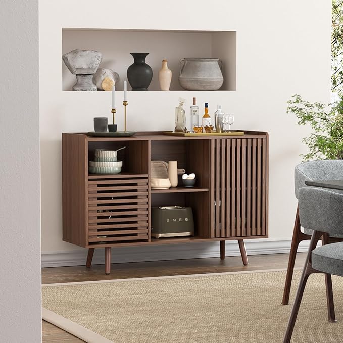 FiveWillowise 47.2" Buffet Cabinet with Storage, Mid-Century Sideboard Coffee Bar Cabinet with Sliding Door for Living Room, Dining Room, Kitchen, Hallway, Walnut