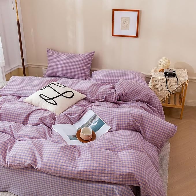 mixinni Purple Gingham Grid Duvet Cover King, 100% Washed Cotton Modern Geometric Bedding Set with 2 Pillowcases, Farmhouse Style Yellow Plaid Comforter Cover Set for Men & Women, Soft & Lightweight