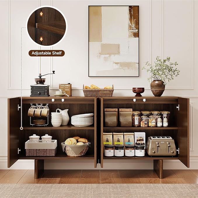 ONBRILL 63" Fluted Sideboard Buffet Cabinet with Storage, Large Sideboard Cabinet with Adjustable Shelves, Modern Credenza with 4 Doors, Kitchen Cabinets for Living Room, Entryway, Black