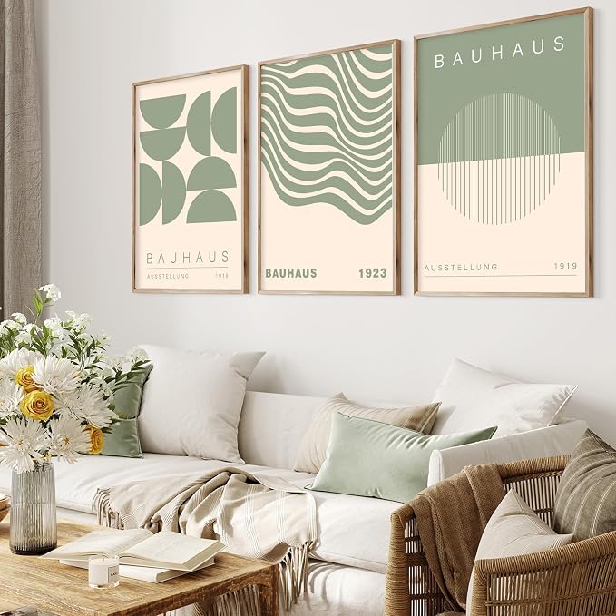 Geometric Line Wall Art Bauhaus 1923 Poster Sage Green Abstract Paintings Mid Century Modern Artwork Bauhaus Exhibition Poster Abstract Shape Prints Boho Modern Picture for Livingroom 16x24in Unframed