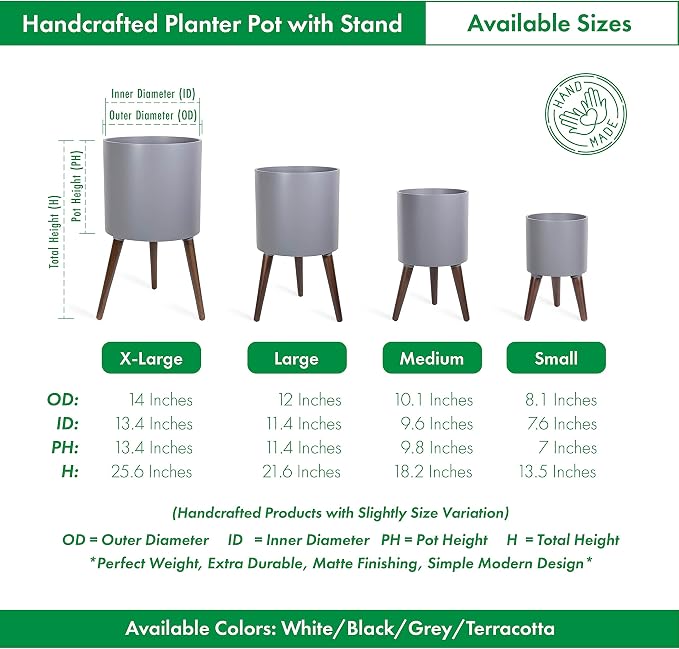 D'vine Dev 12 Inch Planter Pot with Stand, Mid-Century Tall Plant Pot with Legs for Indoor Plants, Large, Grey, 88-O-C-3