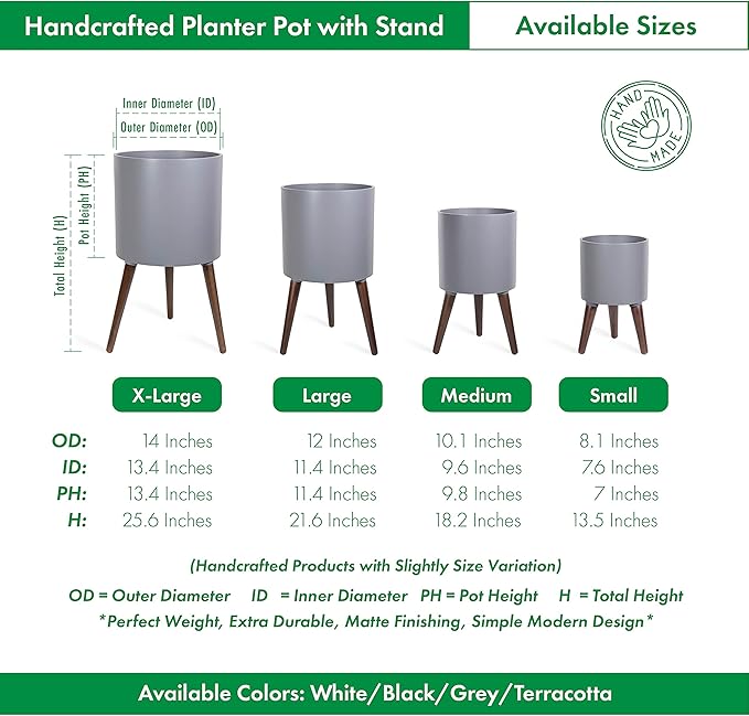 D'vine Dev 10 Inch Planter Pot with Stand, Mid-Century Tall Plant Pot with Legs for Indoor Plants, Medium, Grey, 88-O-B-3