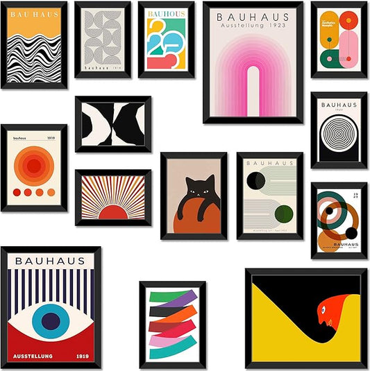LANCHI95 15 PCS Boho Wall Decor– Mid Century Modern Wall Art Boho Posters, Posters For Room Aesthetic, Bauhaus Wall Art Abstract Posters, Collage Kit Pictures (FRAMED)