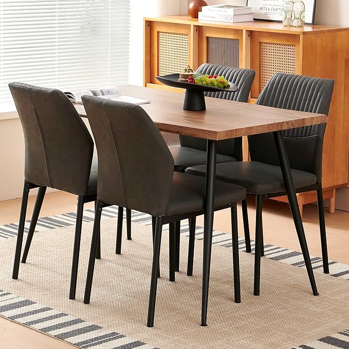 Dining Table Set for 4, Modern Wood Irregular Rectangle Dining Table,Leather Dining Chairs 4,Table and Chairs Set of 4 for Kitchen Dining Room, Dark Grey