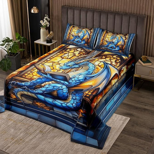 Western Dragon Kids Bedspread Queen Size,Blue Dragon Reading Book Bookshelf Coverlet Set,Boys Girls Room Decor,Geometric Patchwork Abstract Quilted Coverlet,Trippy Chic Bedding Quilt,2 Pillowcases