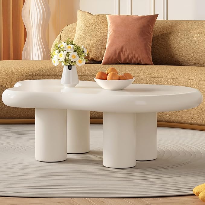 46.06" White Large Cloud Coffee Table, Modern Round Edge Coffee Table with 4 Sturdy Support Legs and 2.67" Thick Tabletop,Easy Match for Living Room, Bedroom, Balcony,Patio