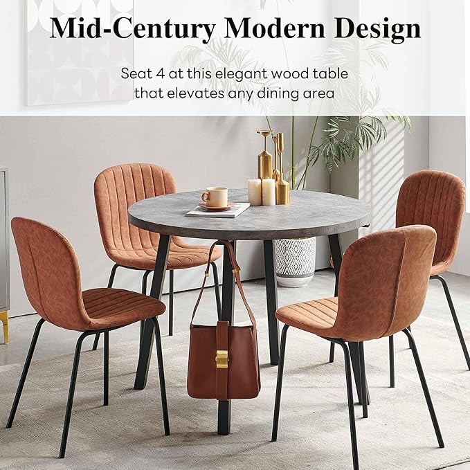 NORDICANA 4-Person Round Dining Table Set for Small Spaces, Industrial Style 37.4 Dia Grey Engineered Wood Kitchen Table with Faux Leather Dining Side Chairs, Brown