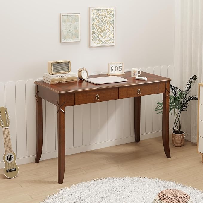 Solid Wood Writing Desk, Home Office Desks with 2 Storage Drawers, 46" Mid-Century Modern Walnut Tables, Computer Desk for Home Office, Easy Assembly Vanity Desk, Study Table Station BSZDR200