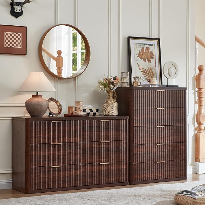 LEYAOYAO Fluted 5 Drawers Dresser for Bedroom, 41" Tall Modern Chest of Drawers with Metal Handle, Curved Profile Farmhouse Closet Organizer Wood Dressers TV Stand for Living Room, Hallway, Walnut