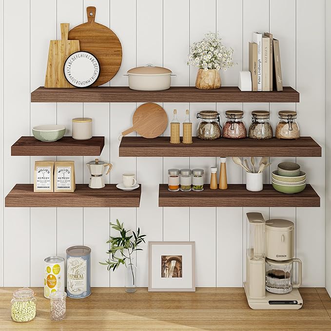 Fun Memories 24 Inch Floating Shelves for Wall, 9.3Inch Deep Floating Shelf, Extra Deeper & Thicker Wall Mounted Storage Shelf for Kitchen, Farmhouse, Walnut, 2 Pack