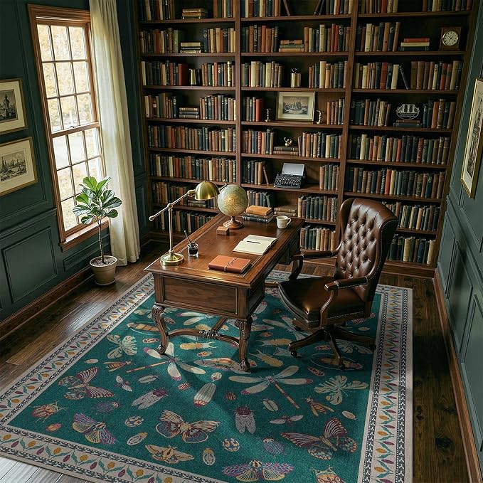 DCX 4x6 Washable Insect Rug, Vintage Gothic Deep Teal Rug with Non-Slip Rubber Backing, Soft Low-Pile, Stain-Resistant, Kid & Pet Friendly, for Living Room, Bedroom, Office, and Nature-Themed Decor