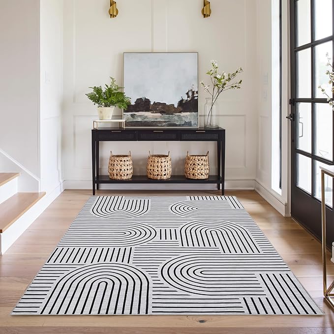 Washable Rug 5x7 Area Rugs for Living Room, Abstract Rug for Bedroom, Soft Rainbow Non Slip Rugs with Rubber Back, Low Pile Stain Resistant Boho Geometric Carpet for Dining Room, Blackwhite