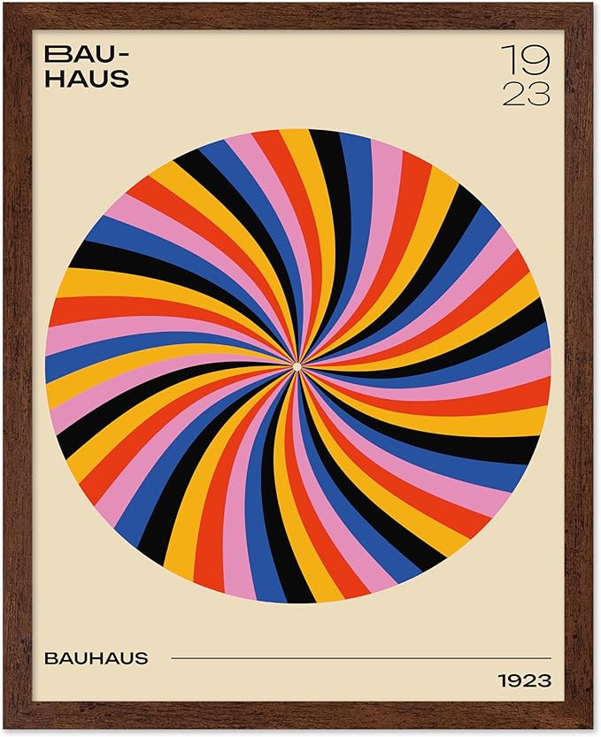 Poster Master Bauhaus Poster - Spiral Colors Print - Geometric ART - Abstract ART - Psychedelic Style - Chic Boho - Mid Century Modern - Living Room or Bedroom Decor - 8x10 Brown Framed
