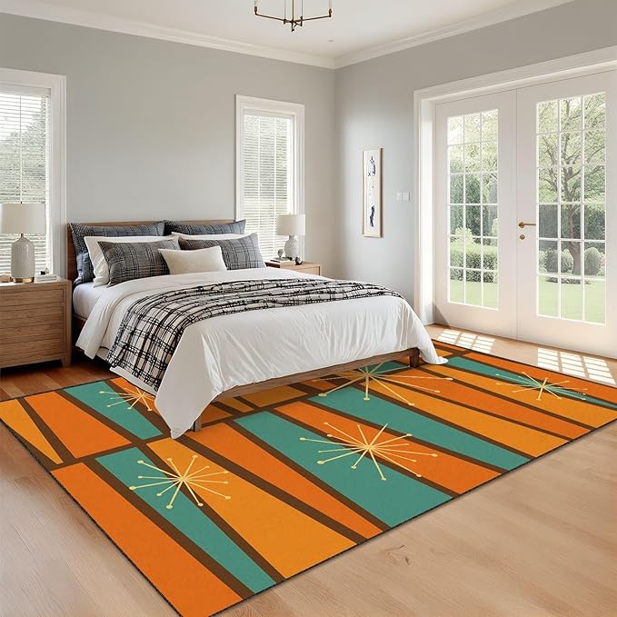 10x14 Area Rugs for Bedroom Boho Washable Rug for Living Room 50s Mid Century Modern Vintage Retro 1950s Mod Fifties Carpet for Dining Room Soft Rubber Backed Non-Slip Carpets for Bedroom Office