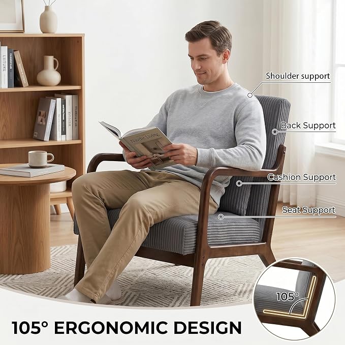 Mid Century Modern Accent Chair, Upholstered Corduroy Armchair with Lumbar Pillow, Solid Rubberwood Frame for Living Room, Bedroom, Waiting Room,Dark Grey