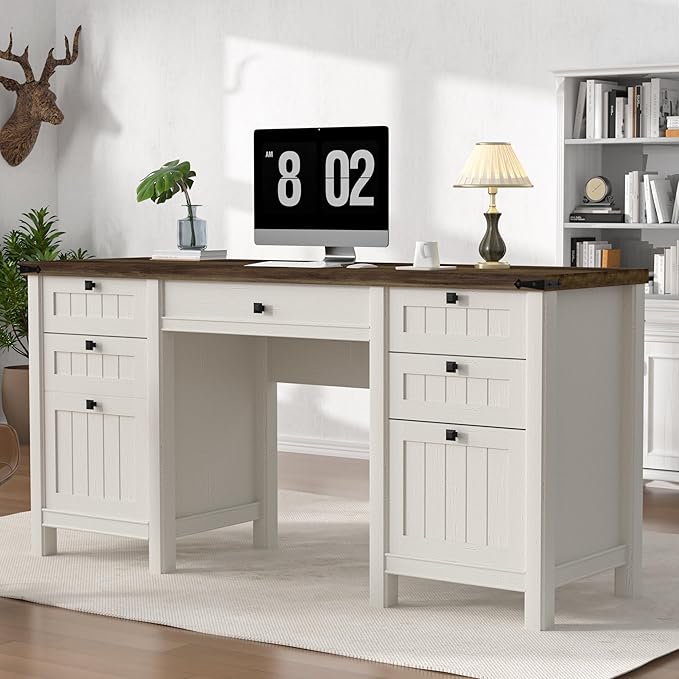 Executive Desk, Modern Farmhouse Computer Desk with Drawers & Cabinet, Home Office Desk for Work Study Writing Workspace (Antique White, 62")