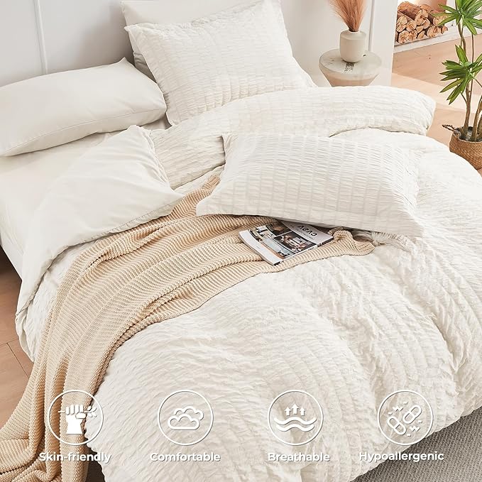 HYMOKEGE Ivory Twin XL Comforter Set Seersucker 5 Pieces, All Season Luxury Bed in a Bag for Bedroom, Bedding Set with Comforter, Sheets, Pillowcase & Sham